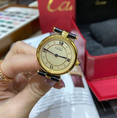 Must de Cartier Vendome 30mm Yellow Face Black Band Quartz Movement Vintage Watch
